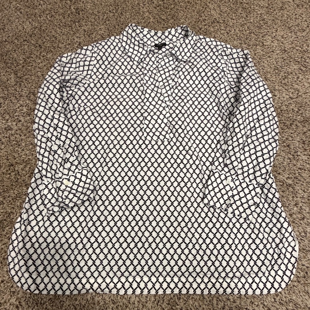 Talbots Woman 2X Black White Geometric Chain Print Cotton Side Zip Button Down